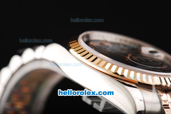 Rolex Datejust Swiss ETA 2836 Automatic Movement Two Tone with Black Dial and Rose Gold Roman Numeral Markers - Click Image to Close